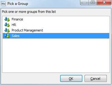 Selecting the Sales group from a list that includes Finance, HR, Product Managemenet, and Sales.